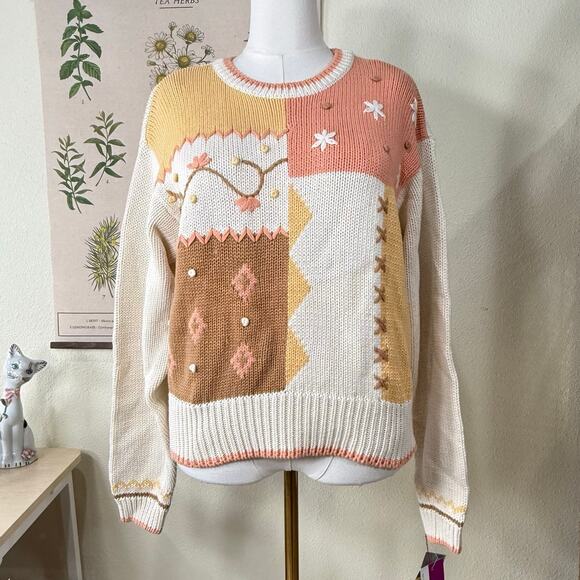 Lizwear by Liz Claiborne Sweaters - Vintage 80s Patchwork Embroidered Floral Sweater Grannycore Grandma Cottage L